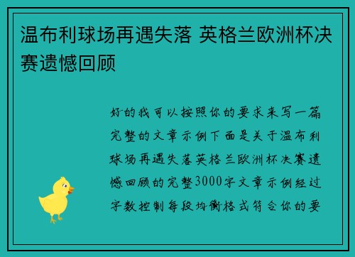 温布利球场再遇失落 英格兰欧洲杯决赛遗憾回顾