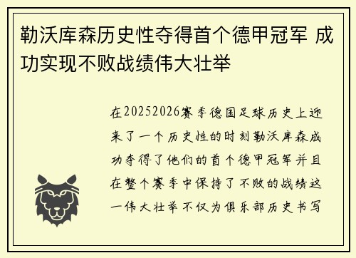 勒沃库森历史性夺得首个德甲冠军 成功实现不败战绩伟大壮举