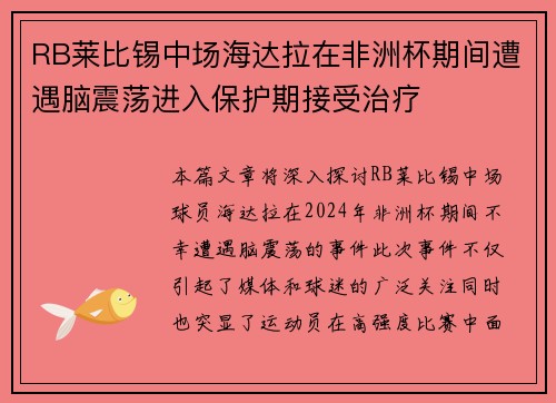 RB莱比锡中场海达拉在非洲杯期间遭遇脑震荡进入保护期接受治疗